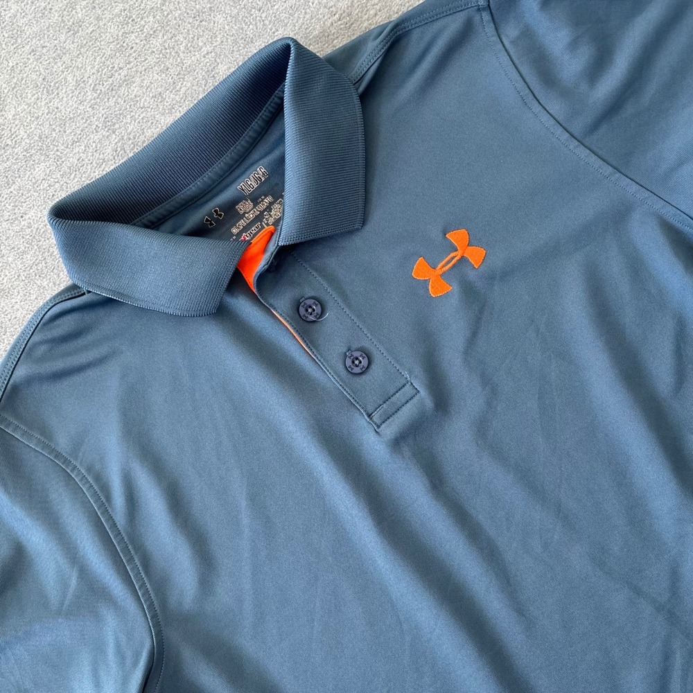 Under Armour Boys HeatGear Polo Shirt Blue Gray Orange Logo Loose Fit YLG L/G